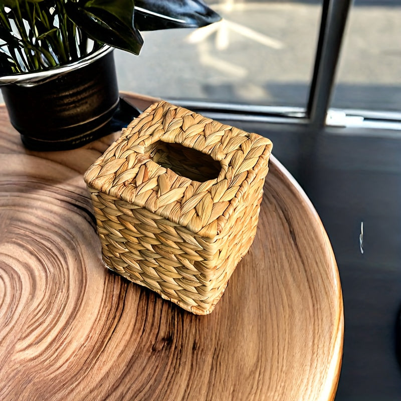 Straw Paper Towel Basket - Woven Water Hyacinth Grass Tissue Box for Tabletop & Restaurant Décor