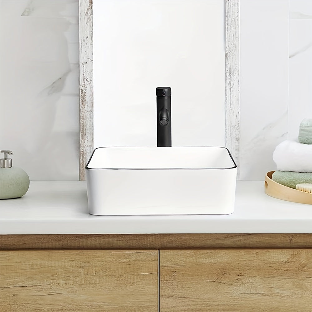 Modern Art Rectangular Ceramic Bathroom Sink, 19"x15" Vanity Basin with White Body and Black Trim 