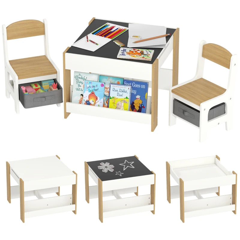 Qaba 3 Piece Kids Table and Chair Set with Reversible Tabletop, Blackboard, Storage, Bookshelf, for Playroom, Nursery Natural