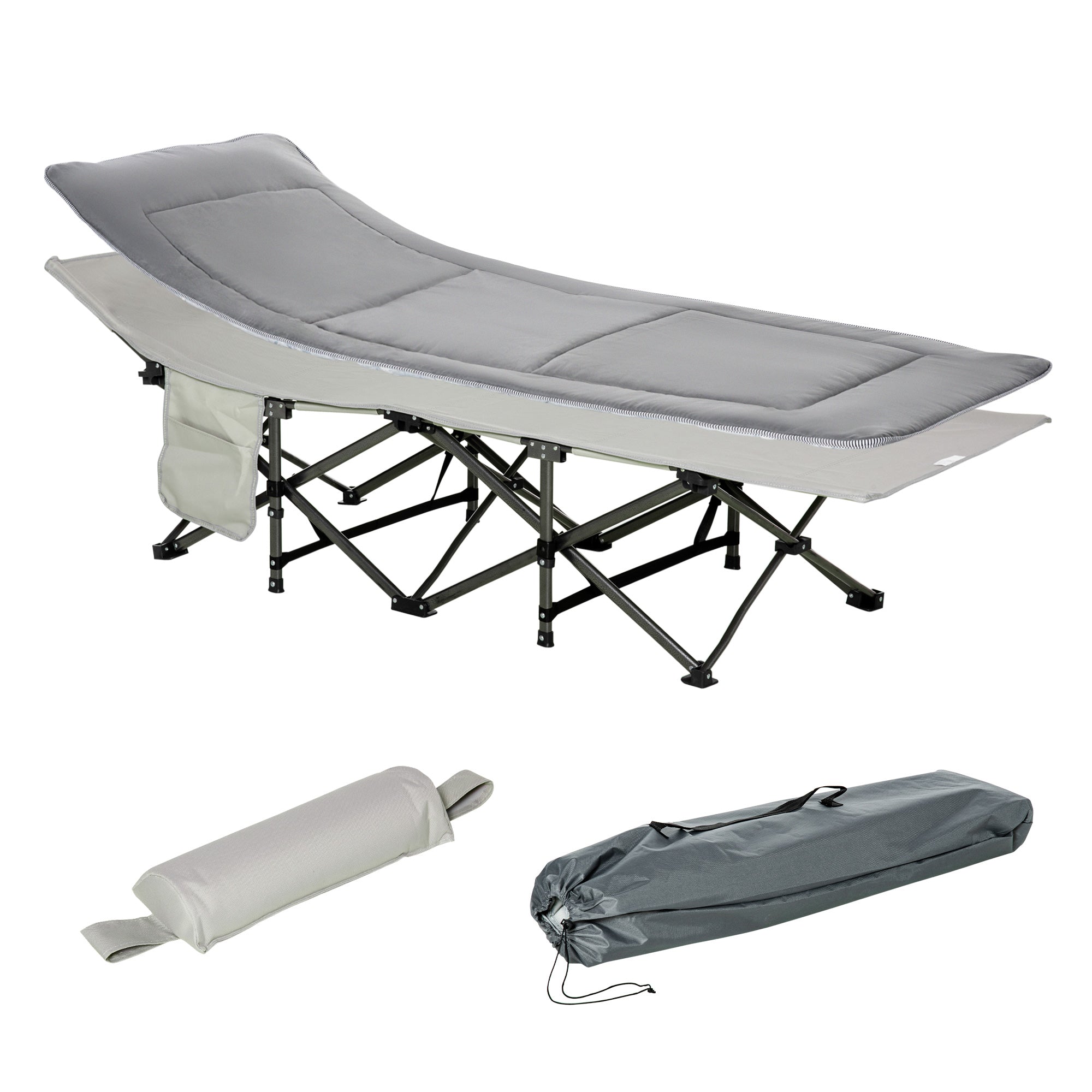 Outsunny Folding Camping Cot for Adults with Mattress Pillow Double Layer Oxford Heavy Duty Sleeping Cot Carry Bag Grey 