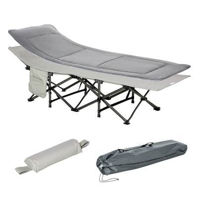 Outsunny Folding Camping Cot for Adults with Mattress Pillow Double Layer Oxford Heavy Duty Sleeping Cot Carry Bag Grey 