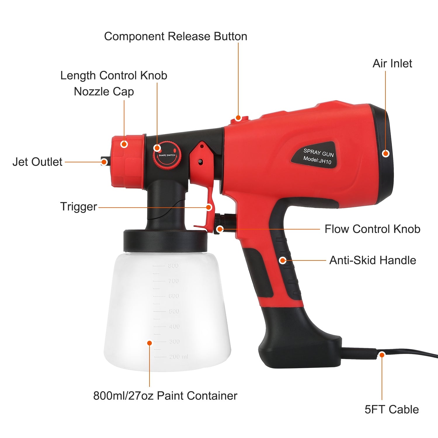 Electric Paint Sprayer HVLP Spray Painting Gun Handheld Painter with Different Spray Patterns 5 Nozzles 800ML Detachable Cup Flow Adjustable Length Ad 