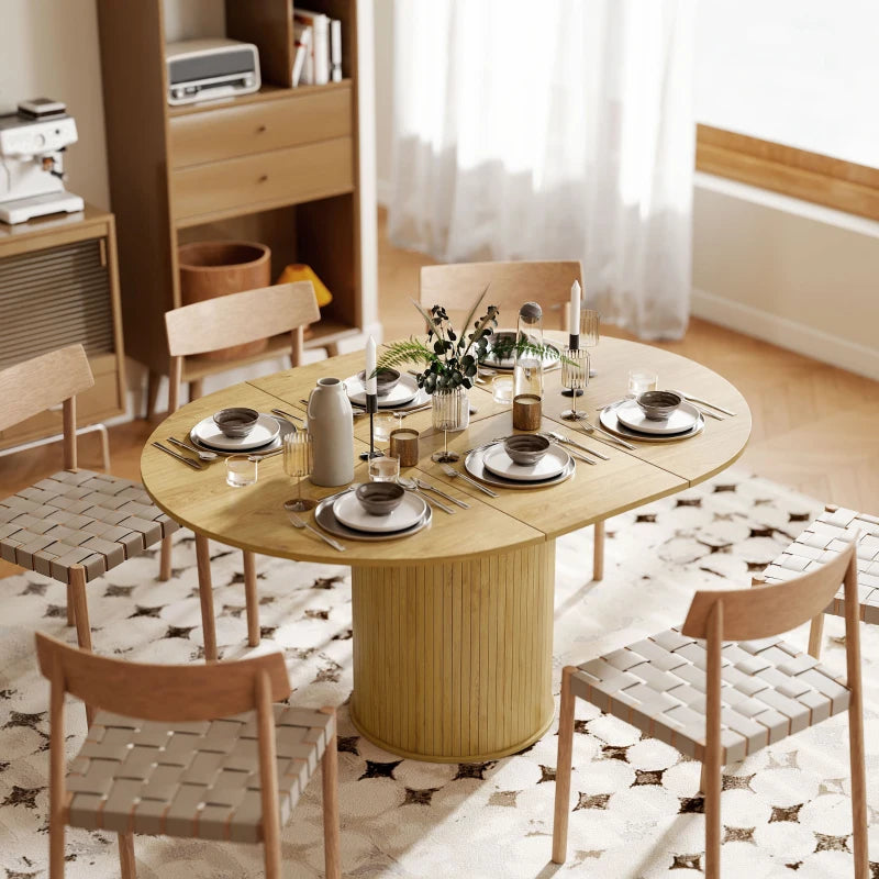 Extendable Kitchen Table for 6-8, 43.5"-59" Farmhouse Dining Table with Pedestal Base Natural Wood Finish