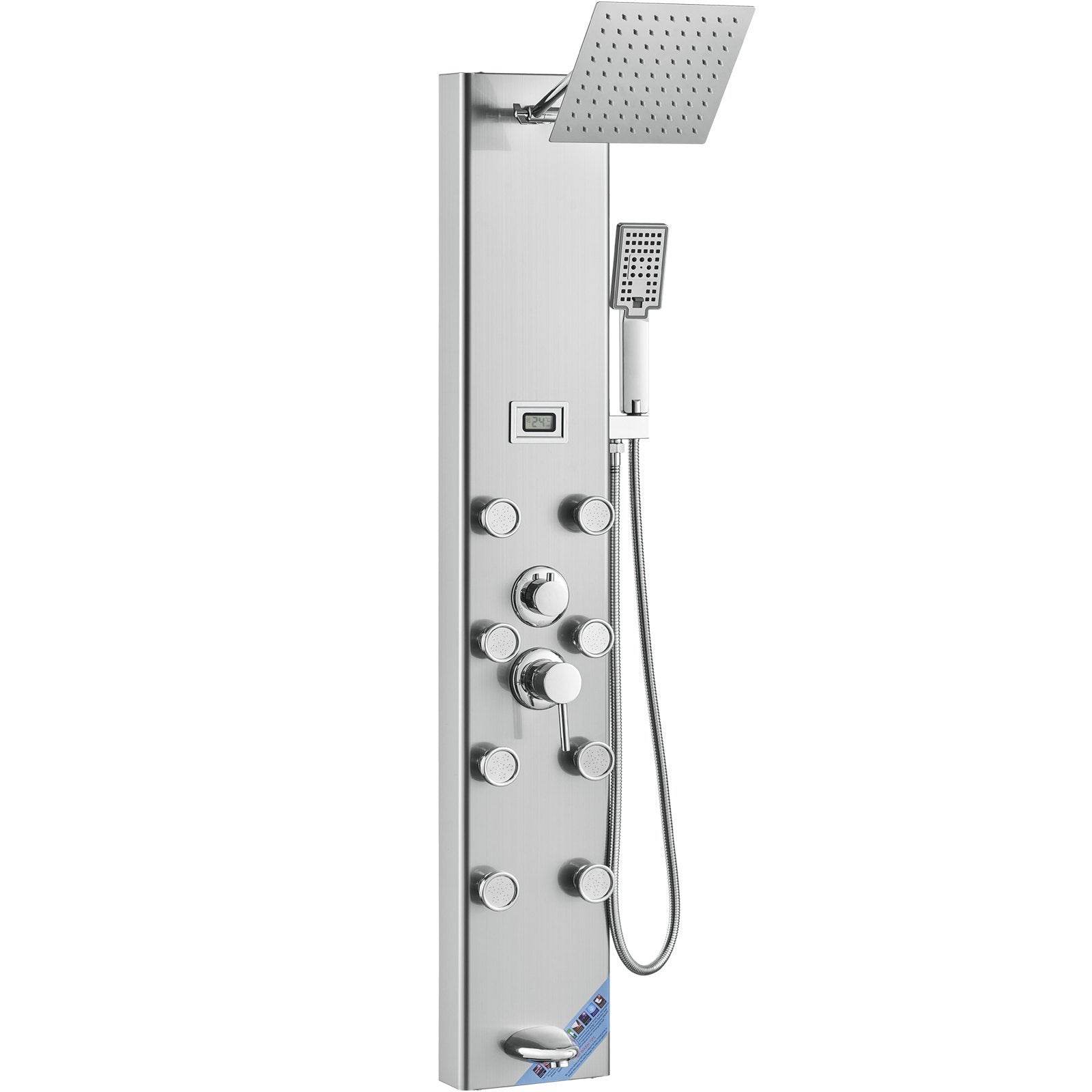Shower Panel System, 5 Shower Modes, Digital Display Shower Panel Tower, Rainfall, 8 Massage Jets, Tub Spout, 3-Setting Handheld Shower Head 59 Hose, Stainless Steel Wall-Mounted Shower Set 