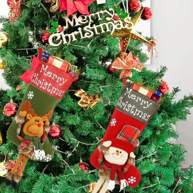2024 New Year Xmas Big Stockings Set Decorations Christmas 3D Plush Big Sock Christmas Tree Pendant Decorating Supplies 