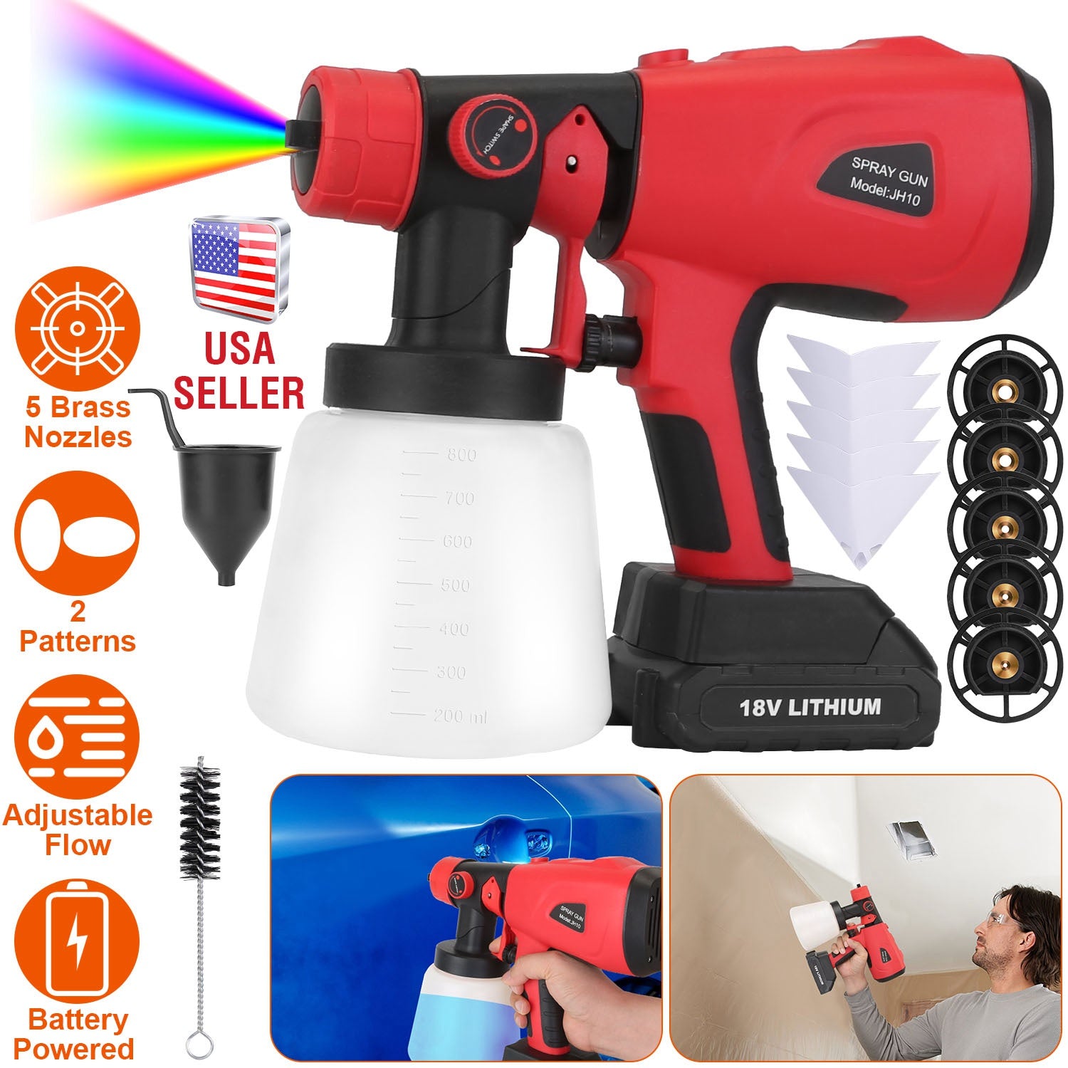 Portable Battery Powered Electric Paint Sprayer HVLP Spray Painting Gun Handheld Painter with 2 Spray Patterns 5 Nozzles 800ML Detachable Cup Flow Adj 