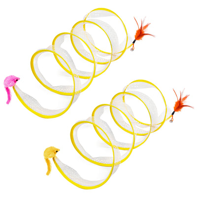2Pcs Foldable Cat Tunnel with Bell Feather Mouse Toys Collapsible Indoor Cat Spring Tube with Interactive Toy for Kittens Cats 