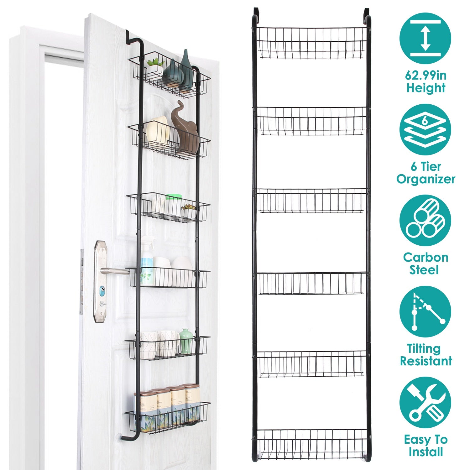 6 Tier Over Door Pantry Organizer Hanging Hooks Door Storage Rack Carbon Steel Basket 62.99in Over Door Shelf for Kitchen Bathroom