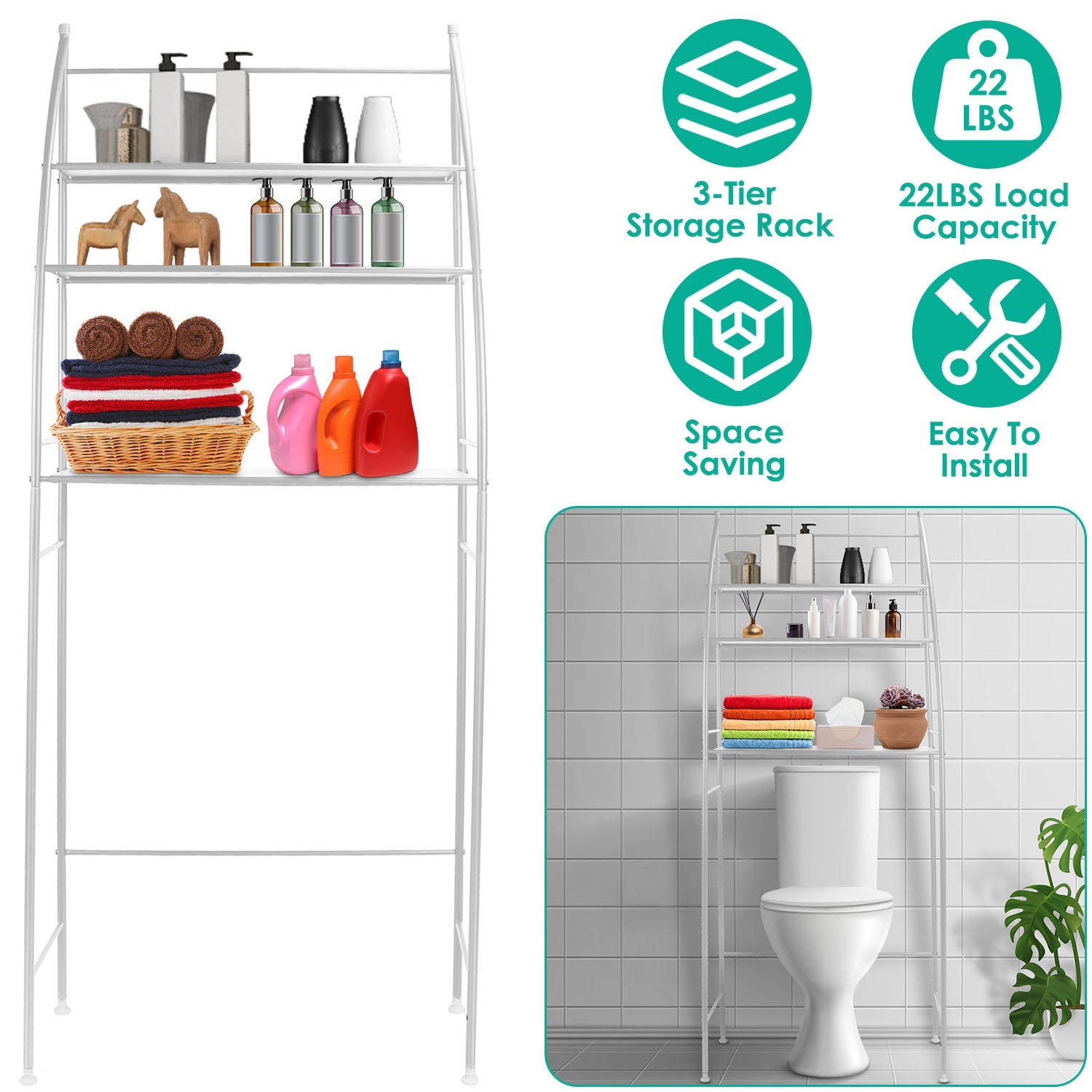 3 Tier 25.59x9.84x66.14in Bathroom Over the Toilet Storage Shelf Free Standing Laundry Room Organizer Space Saver Rack