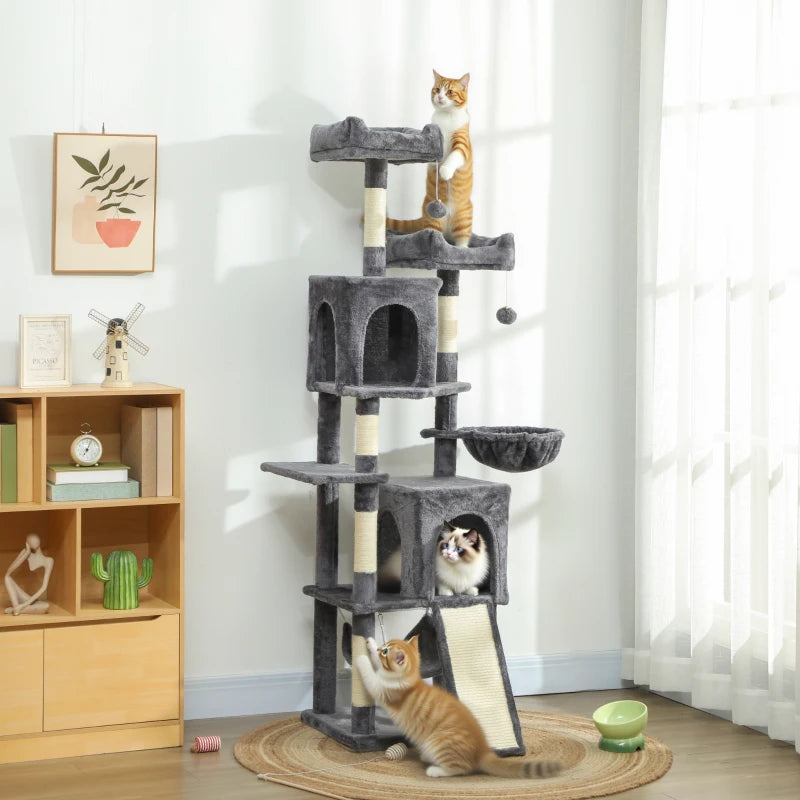 Cat Tree, 70" Multi-Level Cat Tower with 2 Condos, 2 Perches, Hammock, Toy Balls, Scratching Posts and Board, Dark Grey