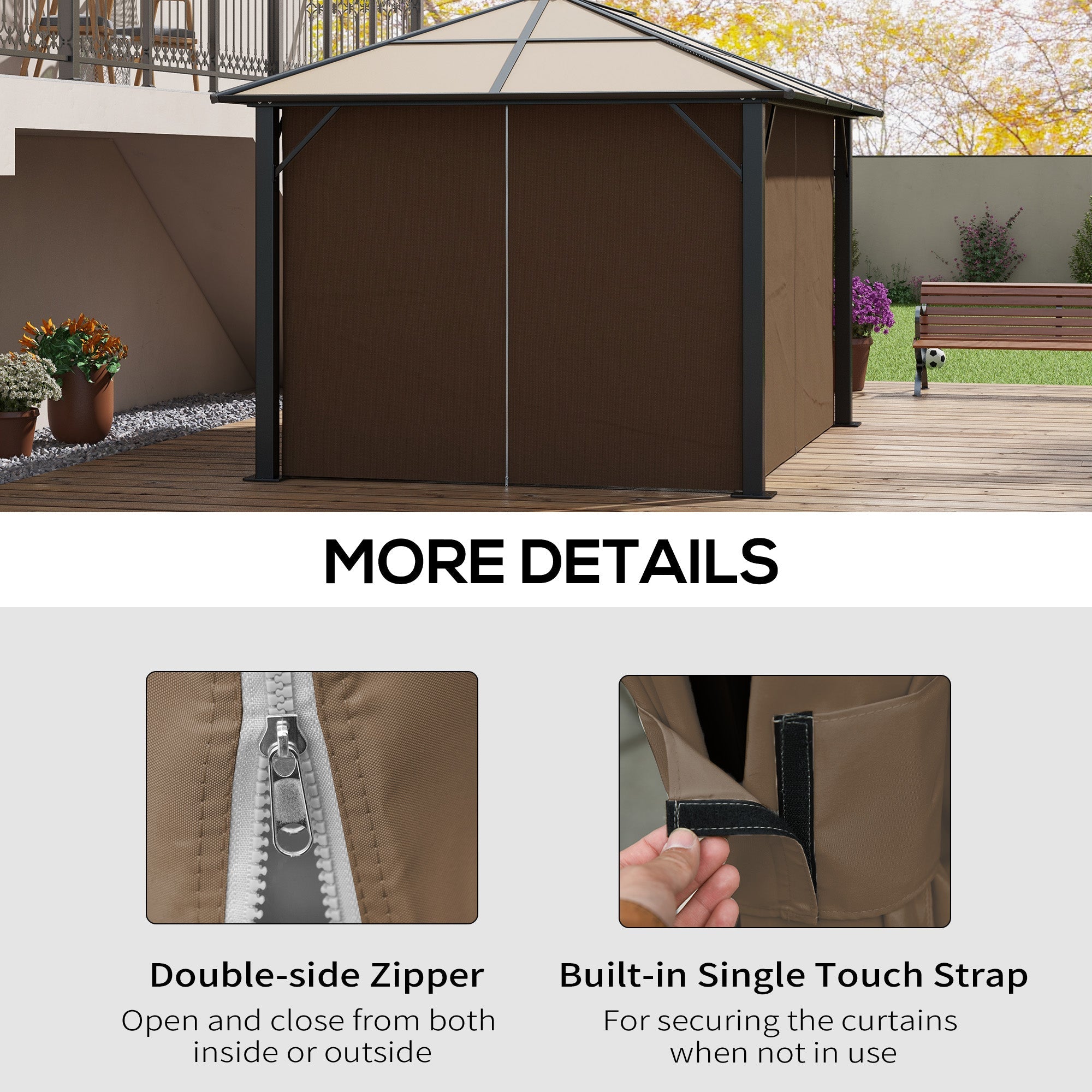 Outsunny 4-Panel Replacement Gazebo Curtains Gazebo Privacy Sidewall for 10' x 13' Canopy, Hooks/C-Rings Included, Dark Brown 