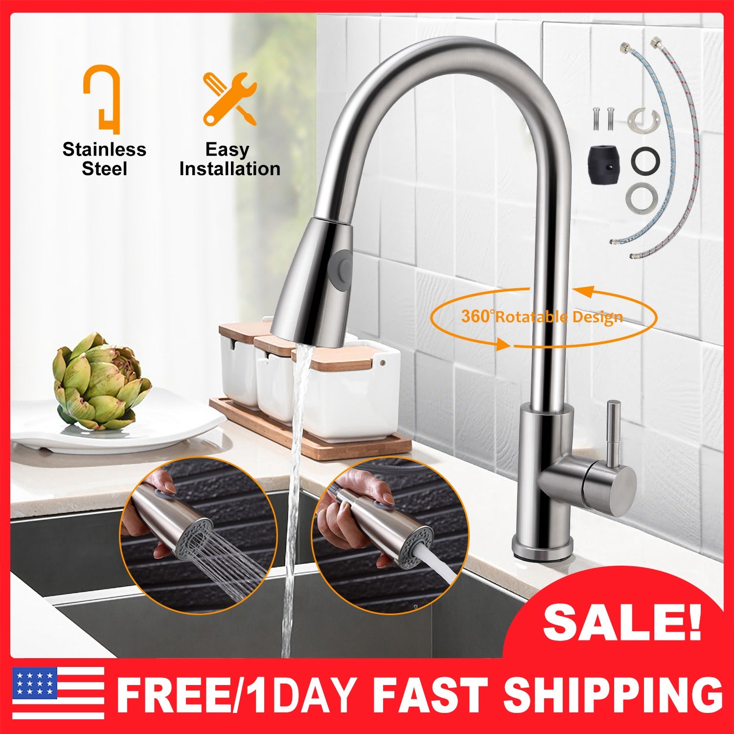 Kitchen Faucets Single Handle Kitchen Sink Faucet Brushed Nickel Stainless Steel Pulldown Head Faucet w/Flexible Pullout Sprayer