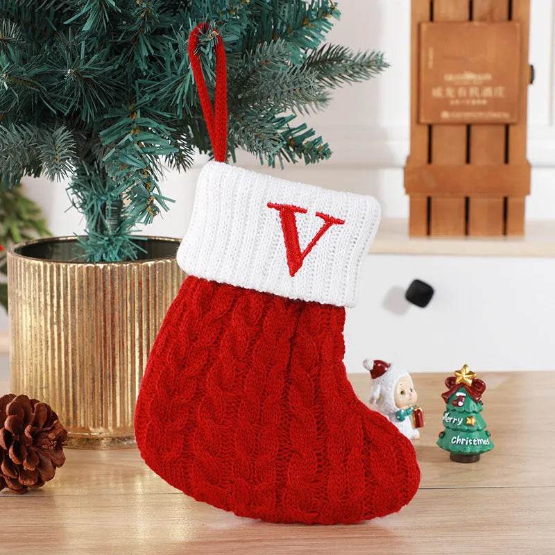 Cute Letters Christmas Stockings Decorative Creative Tree Pendant Wool Knitted Socks 