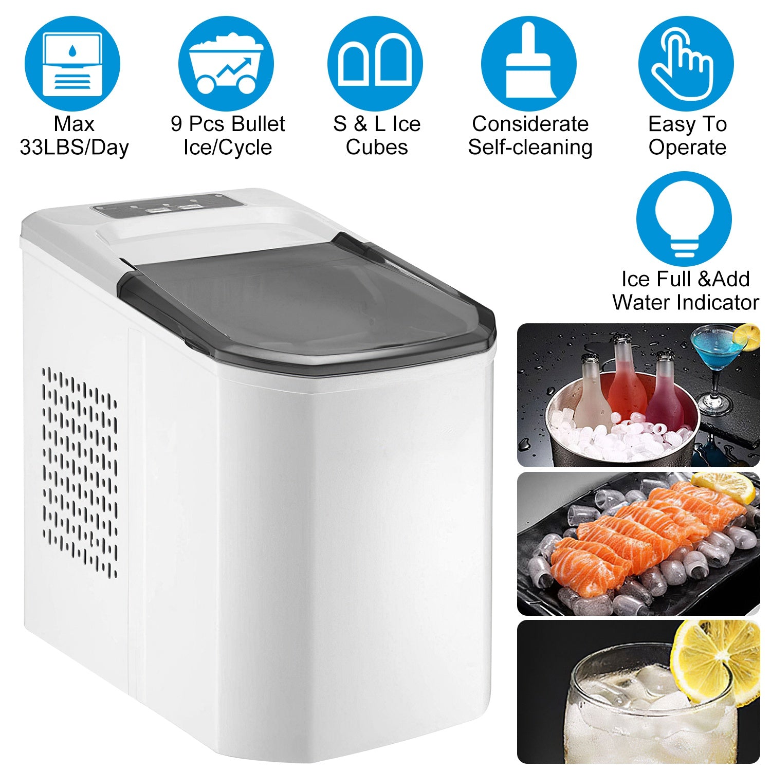 Electric Countertop Ice Maker with Ice Scoop Basket Self-cleaning Max 33LBS/24Hrs Ice Making Machine Bullet Ice Machine for Home Kitchen Office Party