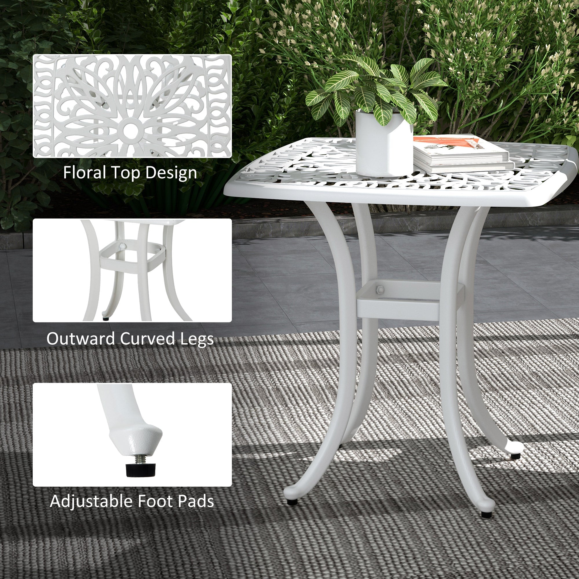 Outsunny 21" Square Cast Aluminum Outdoor End Table with Umbrella Hole Patio Side Table for Garden Balcony Poolside White 