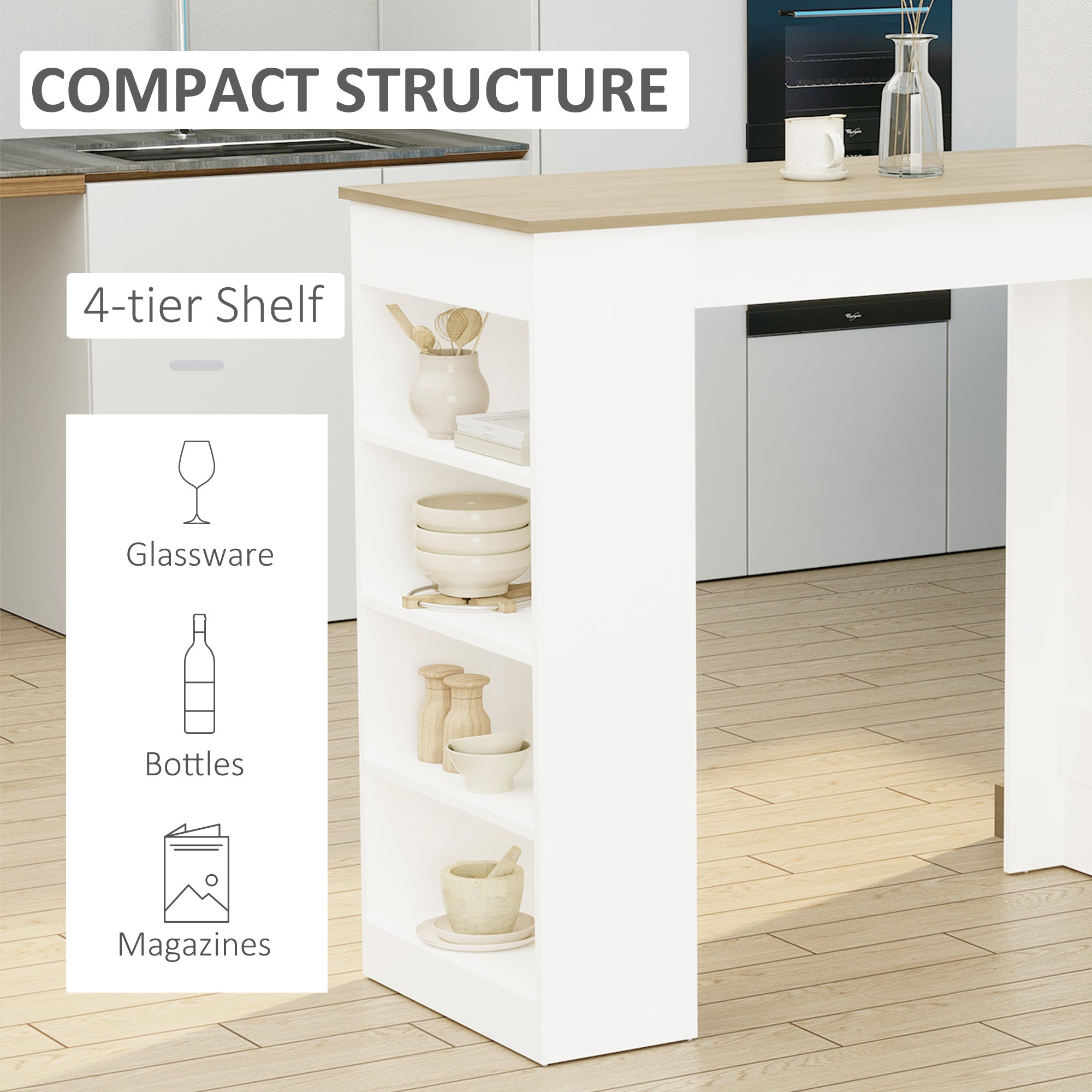 HOMCOM Bar Table, High Top Pub Table with 4 Storage Shelves, Modern Bar Height Table for Home Bar, Kitchen, Natural 