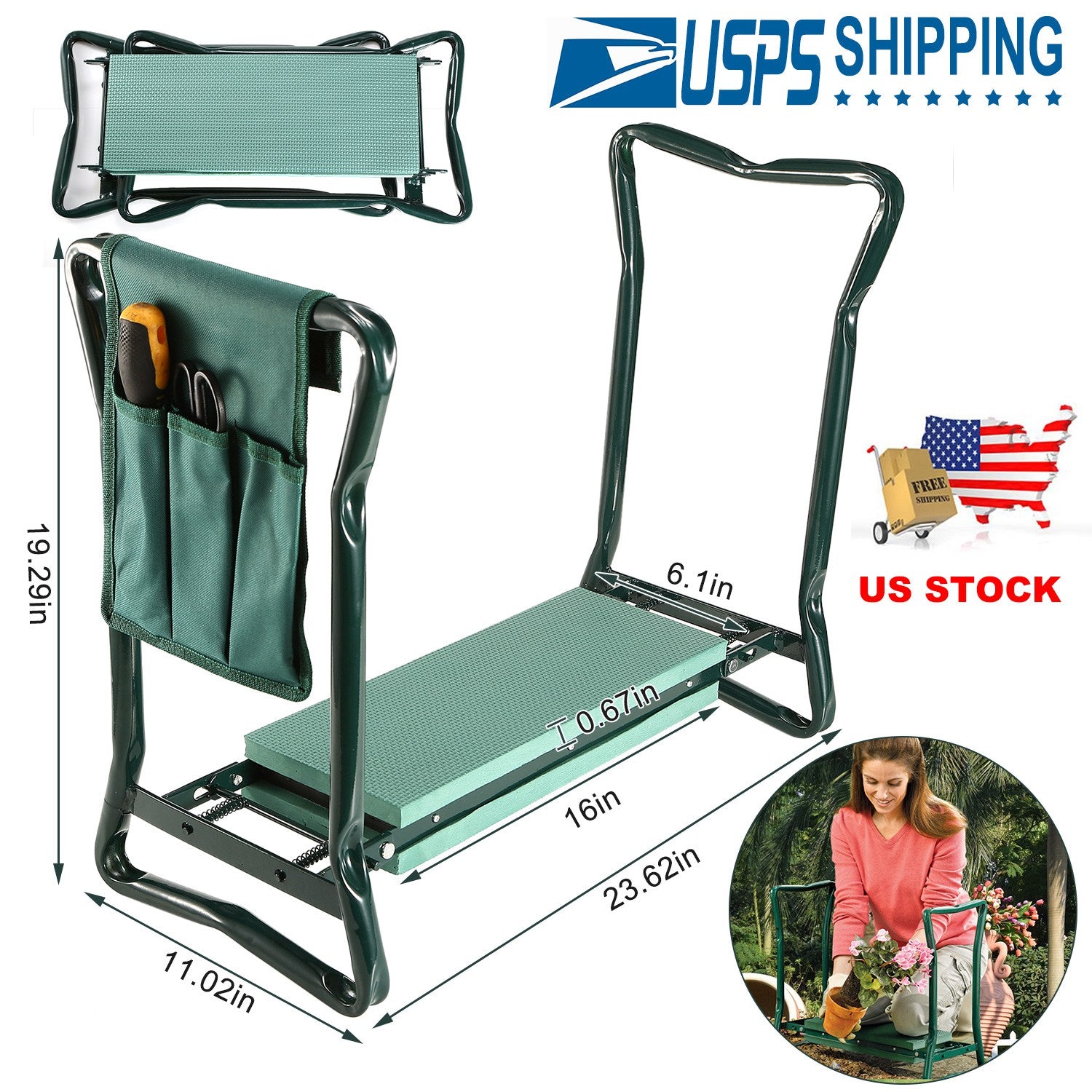 Foldable Garden Kneeler Seat w/ Kneeling Soft Cushion Pad Tools Pouch Portable Gardener Kneeling Bench Stool