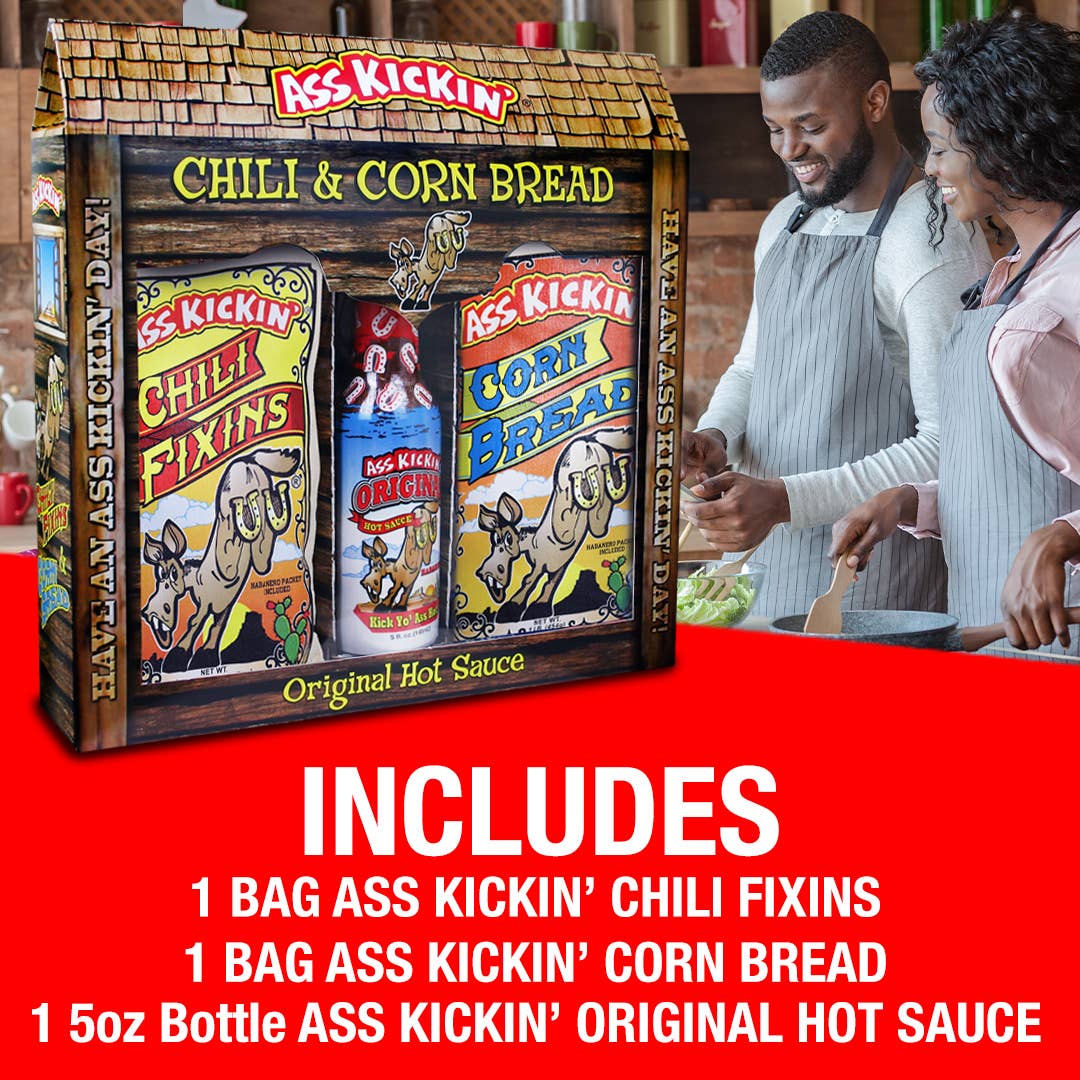 Ass Kickin' Chili Corn Bread Gift Set: 1 Bag Ass Kickin' Chili Fixins1 Bag Ass Kickin' Corn Bread1 5oz Bottle Ass Kickin' Original Hot Sauce 