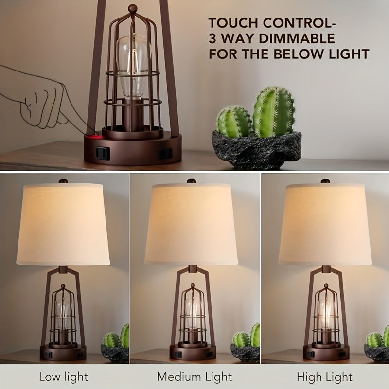 3-Way Dimmable Farmhouse Table Lamps Set of 2 – Touch Control with USB & AC Outlets, Oil Rubbed Bronze Bedside Lamps for Bedroom/Living Room – Bulbs Included 