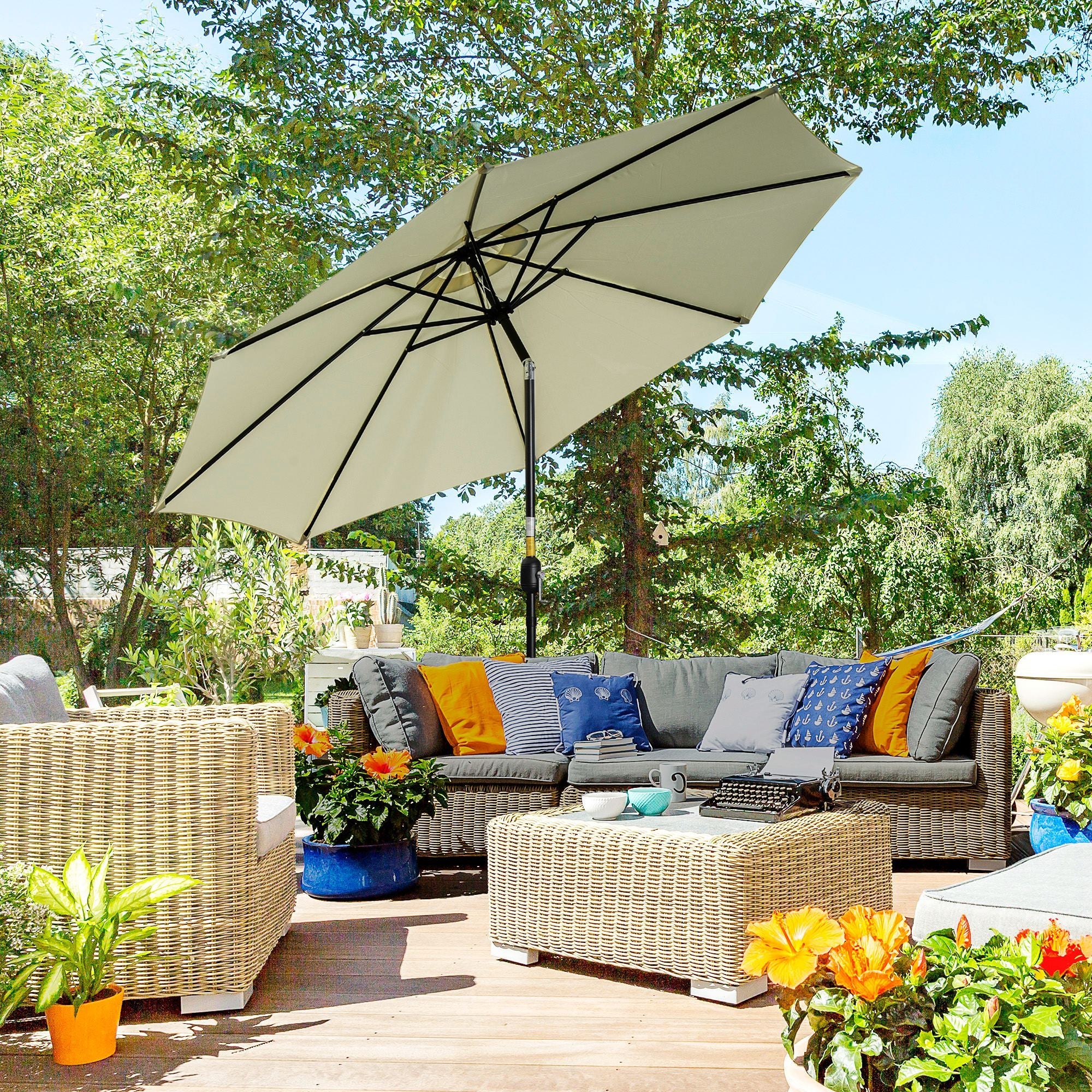 Outsunny 10'x8' Round Market Patio Umbrella: Outdoor Parasol with Crank Handle & Tilt for Garden/Lawn, Beige 