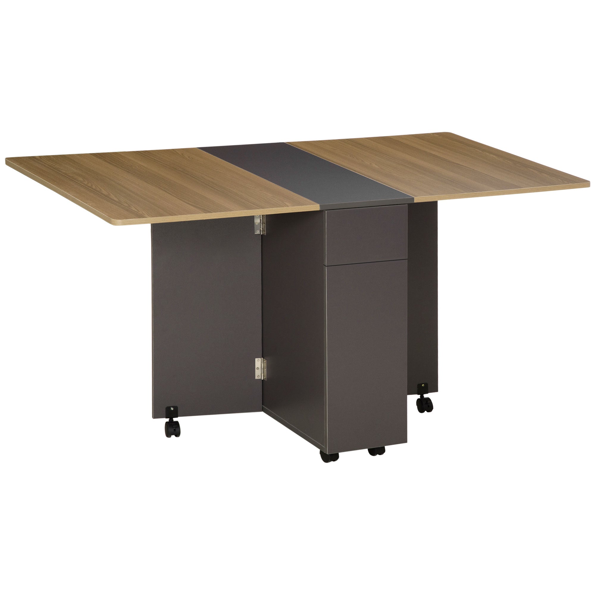 HOMCOM Extendable Dining Table Drop Leaf Design 2 Drawers Storage Cabinet Folding Space-Saving 6 Wheels 