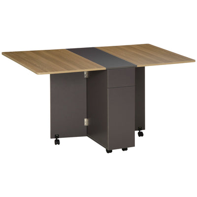 HOMCOM Extendable Dining Table Drop Leaf Design 2 Drawers Storage Cabinet Folding Space-Saving 6 Wheels 