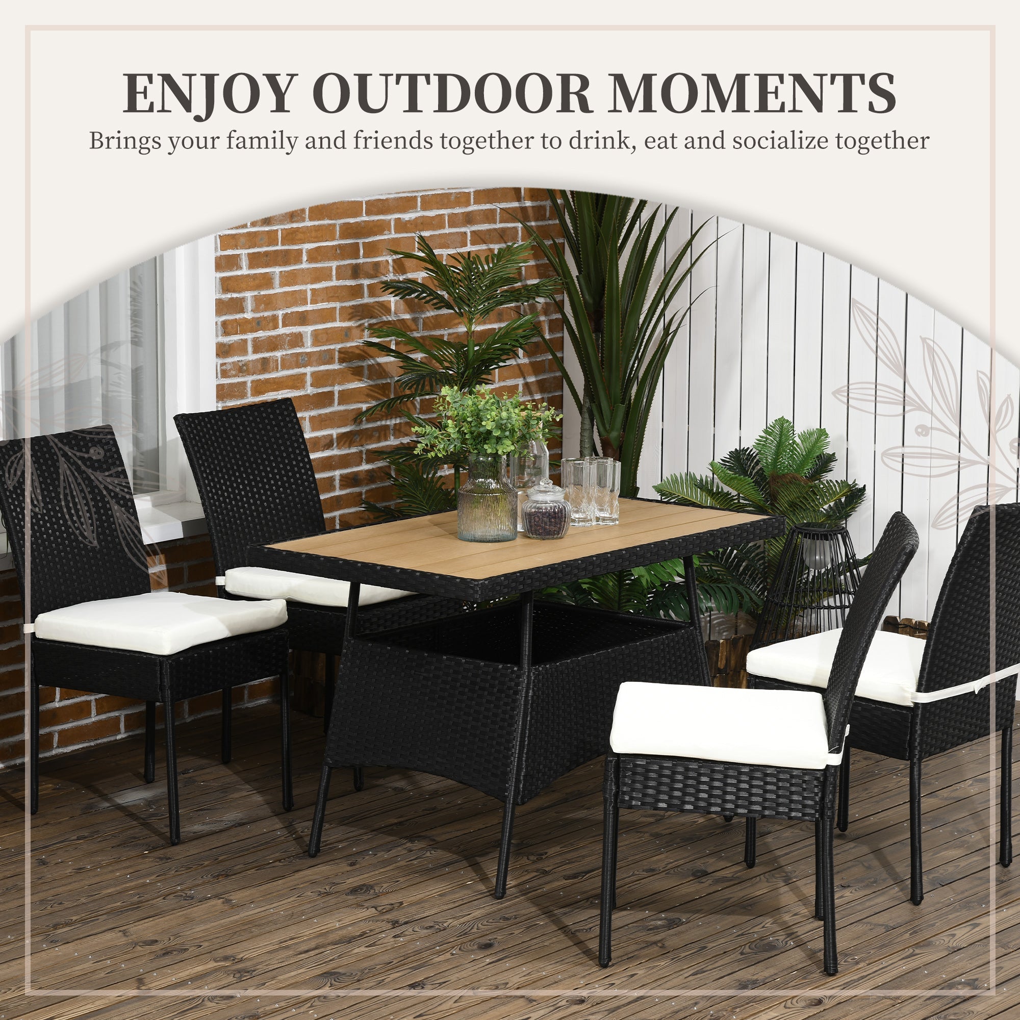 Outsunny 5PC Rattan Patio Dining Set Wicker Table 4 Chairs Cushioned Seats Cream 