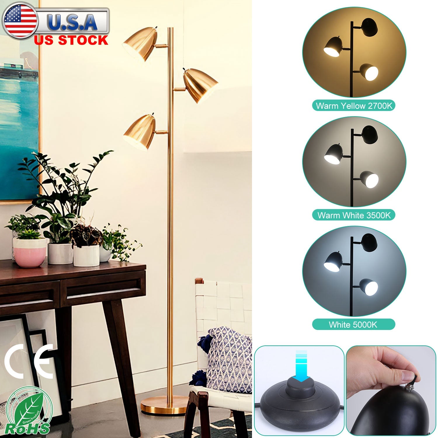 Black Tree Standing Floor Lamp Metal 3 Color Temperature Reading LED Bulb Light 360 Degree Adjustable Individual Separate Switch Living Room Bedroom O