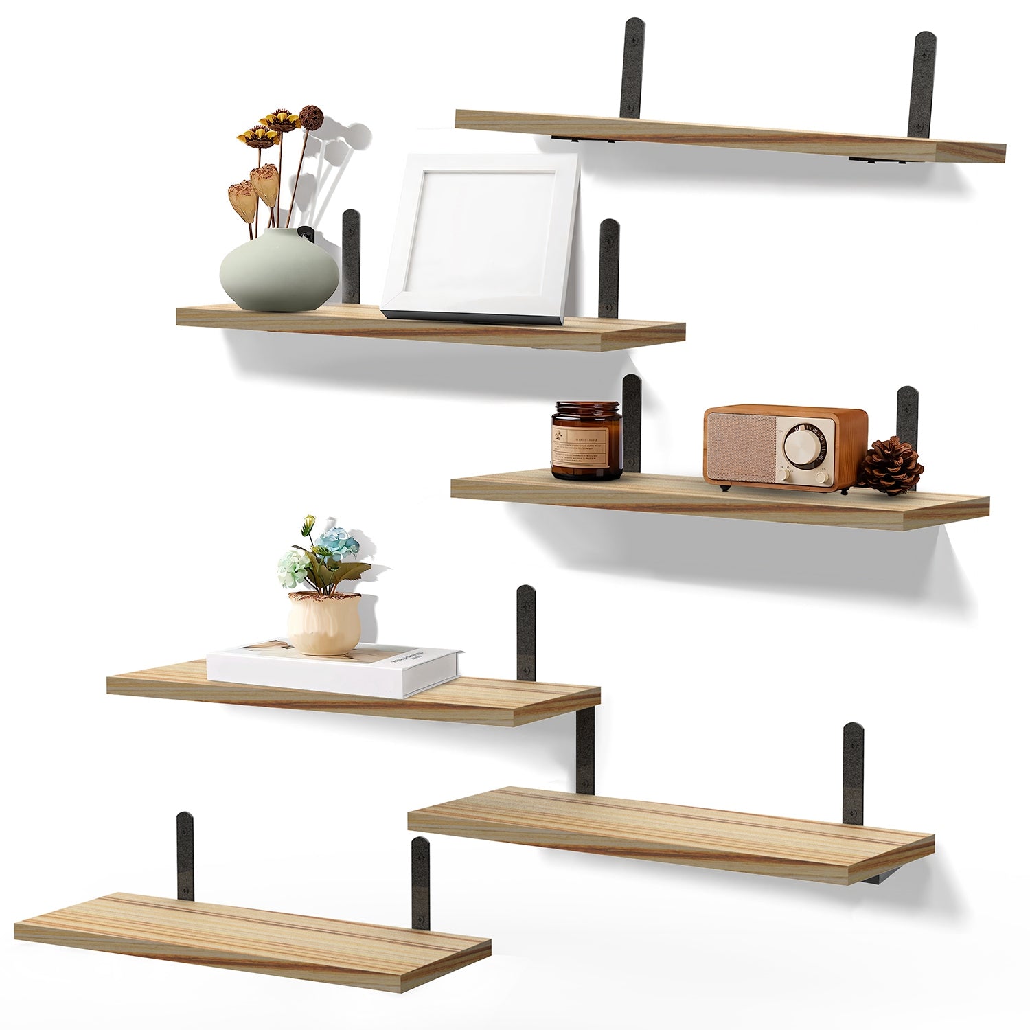 6 Sets Floating Shelves 15.74x5.74Inch Wall Mounted Shelves Wood Storage Shelves Metal Bracket Hanging Display Shelf Wall Organizer for Living Room Ba