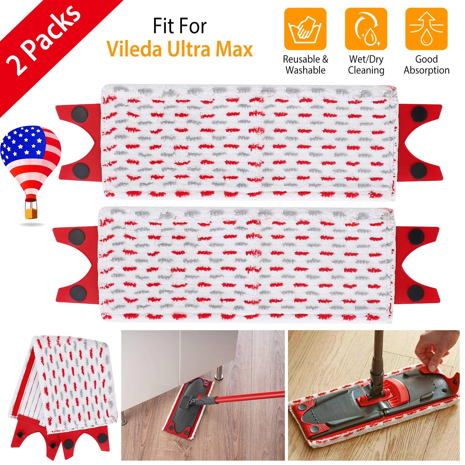 2Pcs Fiber Floor Mop Pads Fit for Vileda Ultra Max Mop Washable Mop Replacement Heads for Wet Dry Floor Cleaning