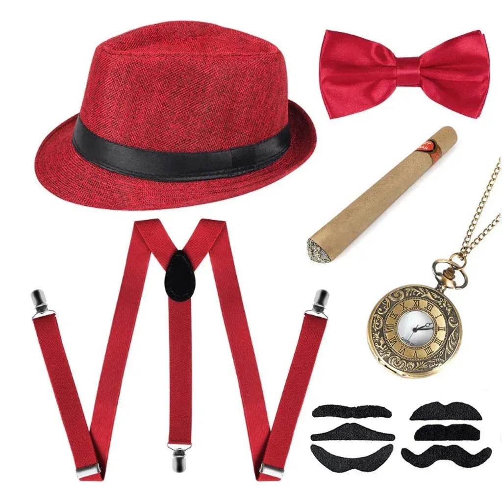 Party Men's Top Hat Pipe Pocket Watch Strap Tie Fake Cigar Set 