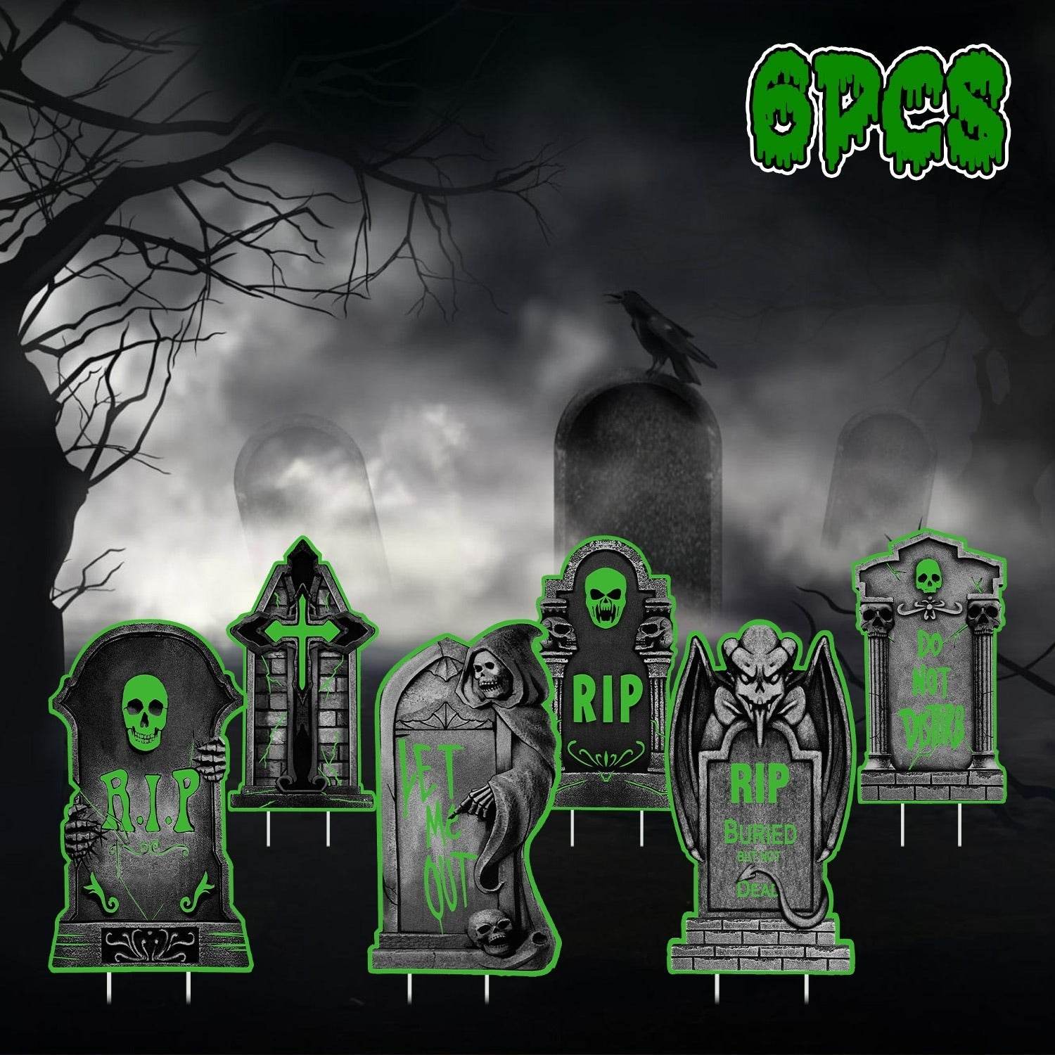 6Pcs Skull Or 6Pcs Tomb Or 5Pcs Black Cat Halloween Yard Sign Decorations  Glow In The Dark For Haunted House Garden Yard And Scary Theme Party 