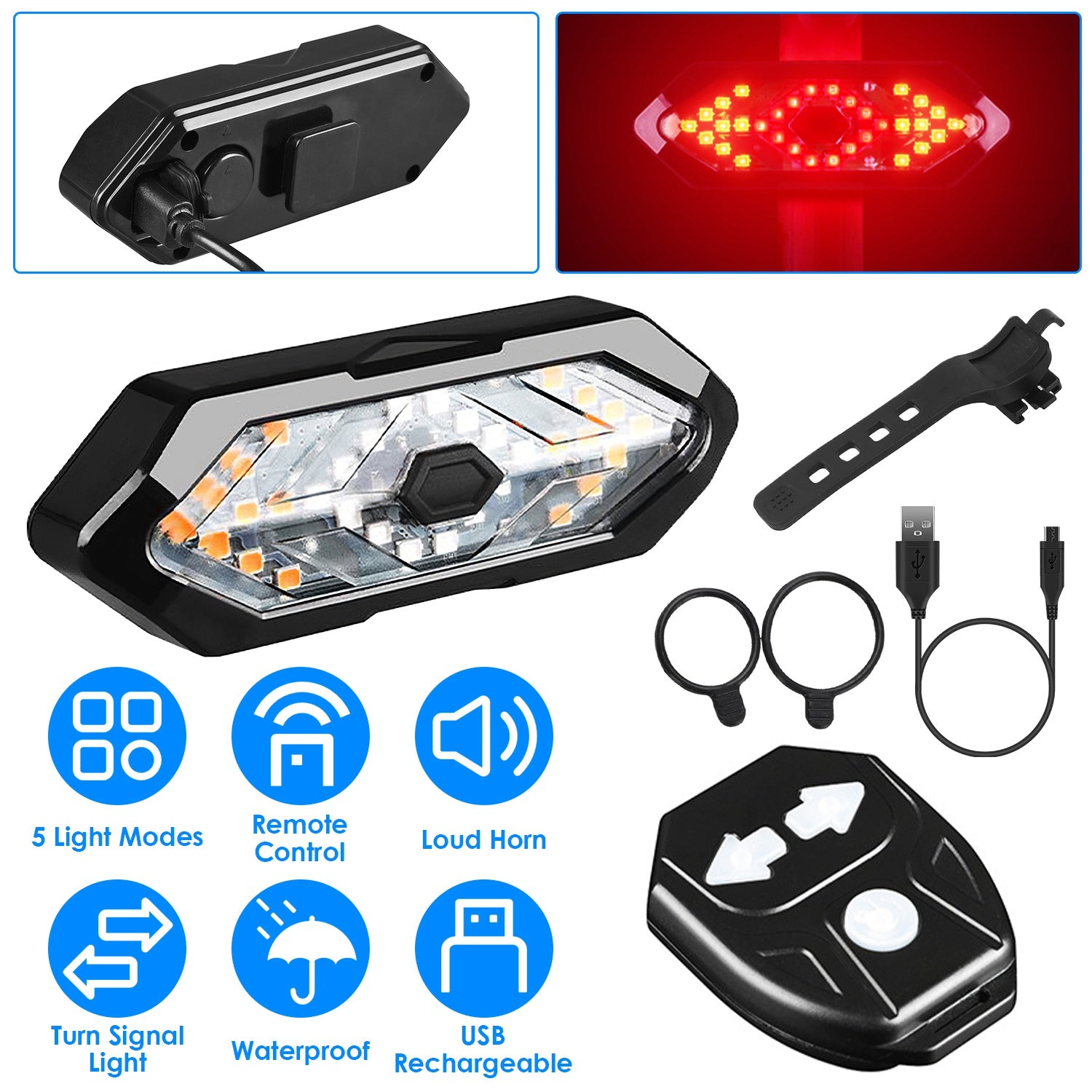 Smart Bike Tail Light USB Rechargeable LED Bicycle Rear Light Bike Safety Flashlight with 32 LEDs Turn Signal Light 120dB Horn