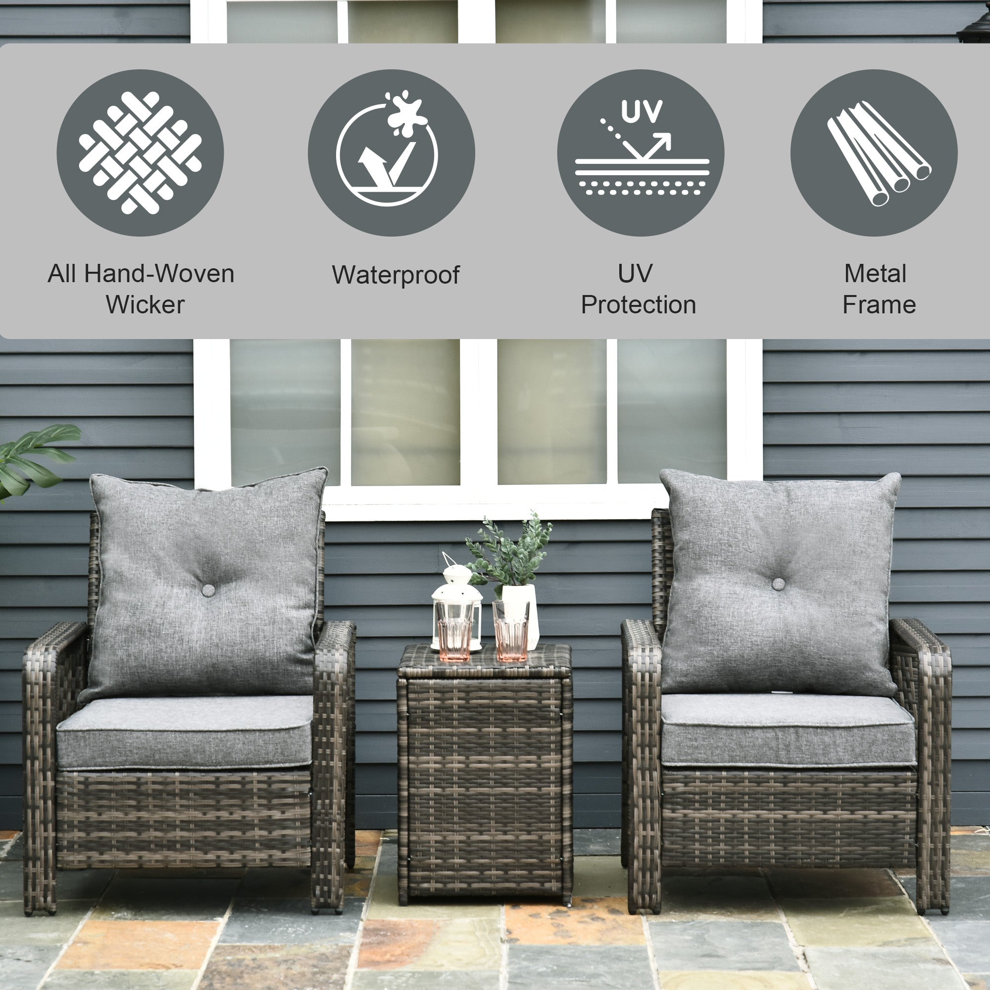 Outsunny 3pc Rattan Garden Sofa Set 2 Padded Chairs Storage Table Mixed Brown 