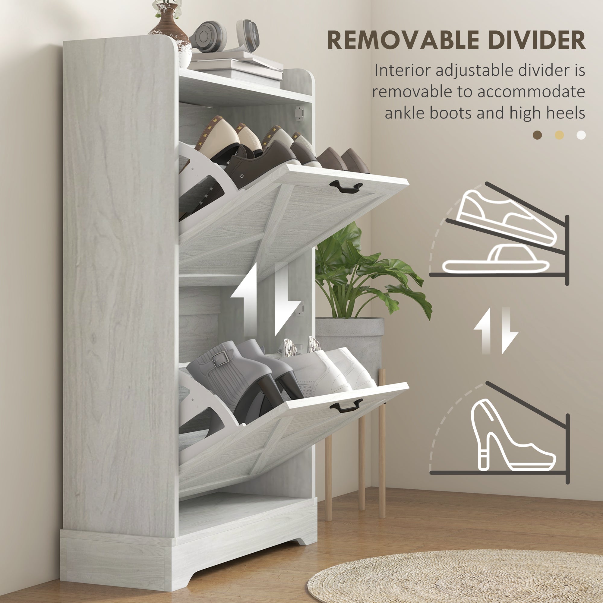 HOMCOM Slim Shoe Storage Cabinet, Farmhouse Shoe Cabinet with 2 Flip Drawers, Adjustable Shelves for 8 Pairs, Distressed White 