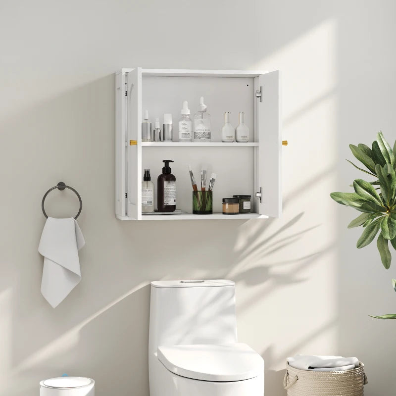 Medicine Cabinet, Modern Bathroom Wall Cabinet with 2 Arched Doors and Gold Handles, White Wood Grain