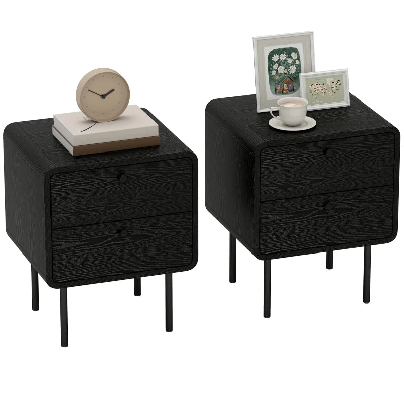 Modern Bedside Tables Set of 2, 2 Pieces Nightstands with 2 Storage Drawers and Steel Legs for Bedroom, Black Wood Grain