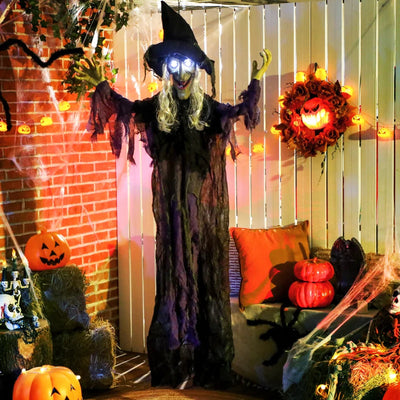 Outsunny Life-Size Animated Hanging Witch – Glowing LED Eyes, Battery Operated Halloween Decoration 