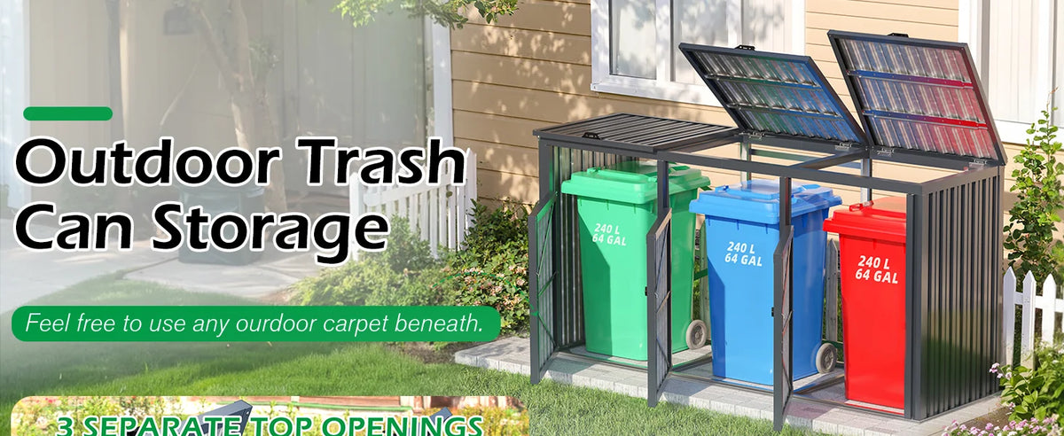 7.7 × 2.6 FT Outdoor Garbage Bin Storage Shed – Metal Enclosure for 3 Trash Cans with Lockable Doors & Lift-Up Lids