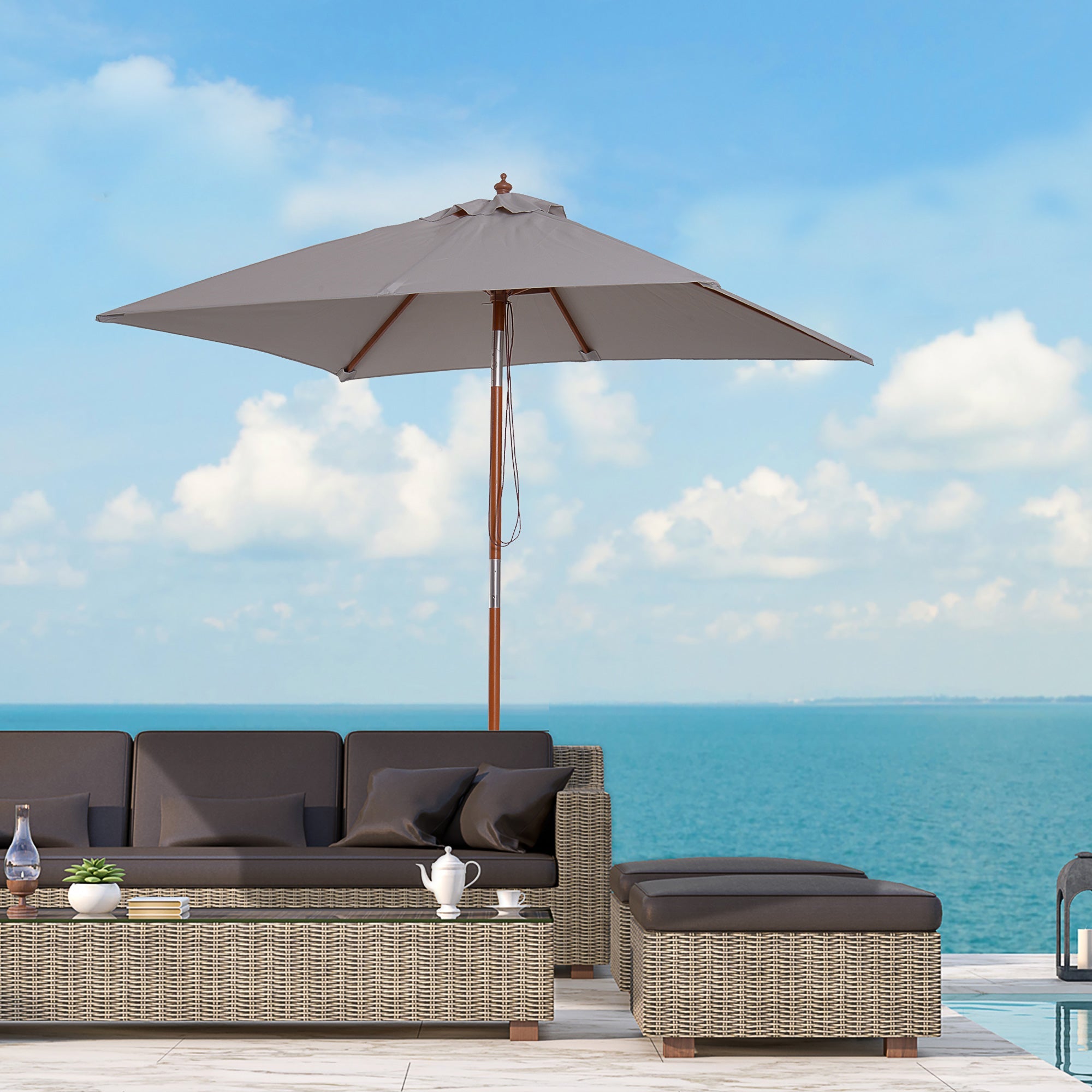 Outsunny Square Fir Wood Patio Umbrella: 6.6x5ft Tilt Mechanism with 6 Ribs Sunshade, Grey 