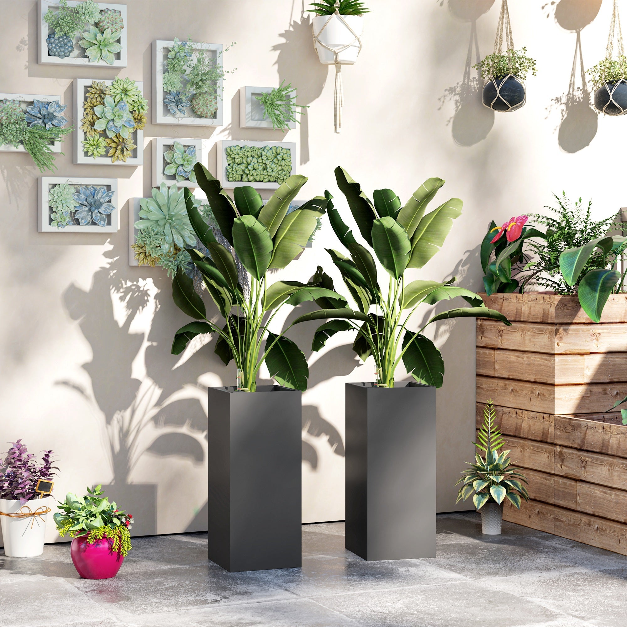 Outsunny 2 Pack Planter Box, 11 Inch Plastic Flower Pots with Water Level Indicator, Drainage Hole and Drain Plug, Dark Grey 