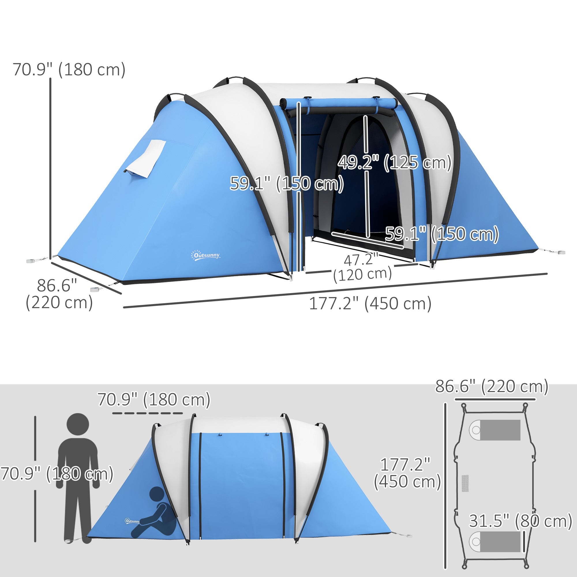 Outsunny Camping Tent with 2 Bedrooms and Living Area, 3000mm Waterproof Family Tent, for Fishing Hiking Festival, Blue 