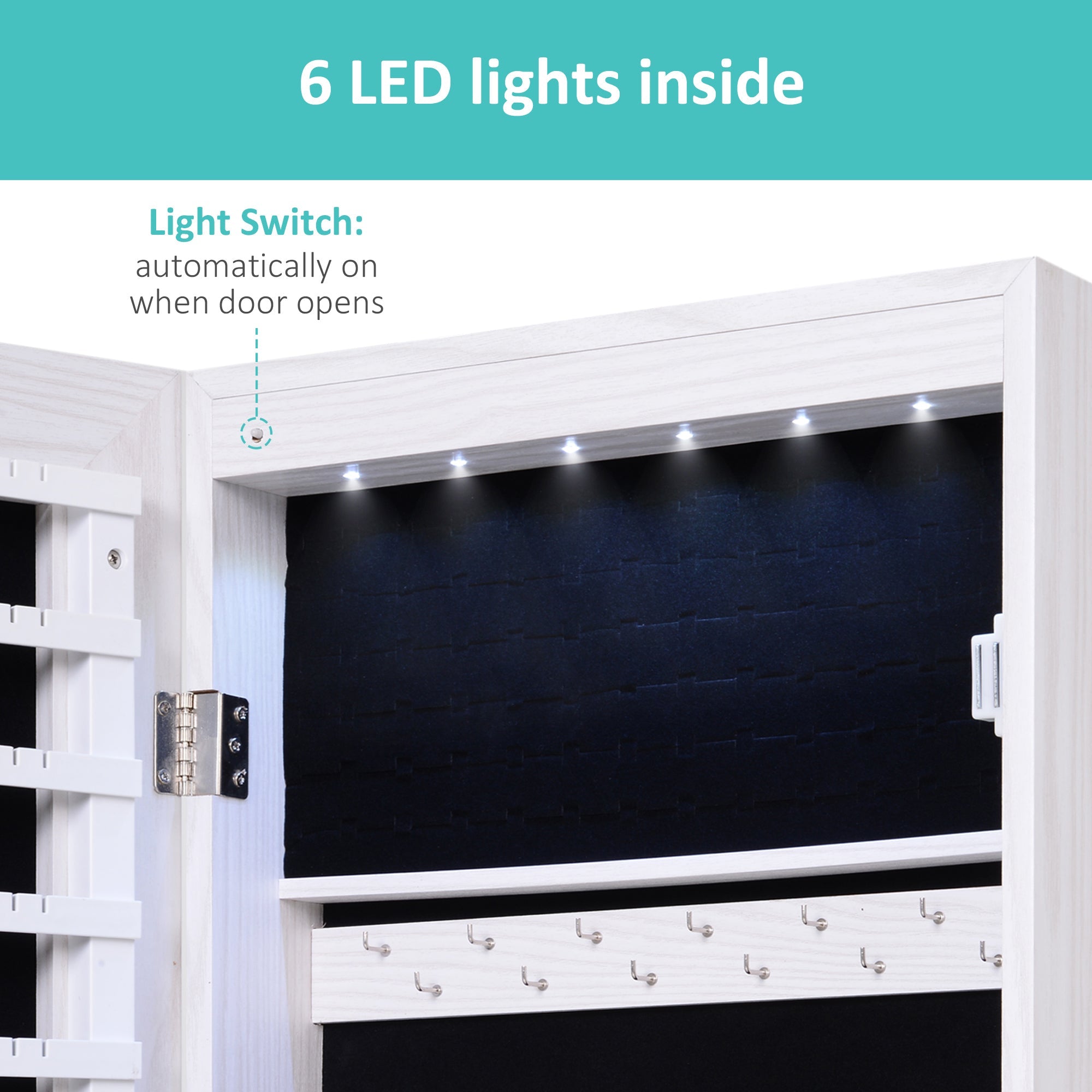HOMCOM LED Lighted Mirror Jewelry Cabinet Wall Door Mounted Storage Organizer Armoire Wood Grain Gray 