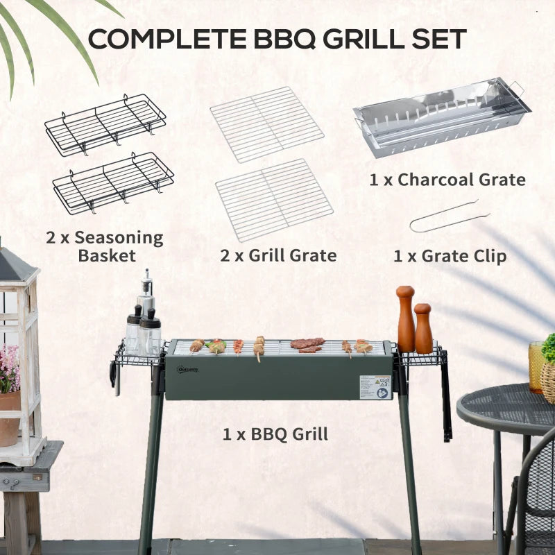 Portable BBQ Grill, Charcoal Grill with Side Seasoning Baskets, Hooks and Nets for Outdoor, Picnic, Camping, Dark Green