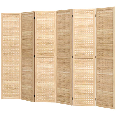 HOMCOM 5.6 Ft. Tall 6-Panel Room Divider, Pegboard Panel Freestanding Folding Privacy Screen Panels, Partition Wall Divider for Indoor Bedroom Office, Natural 