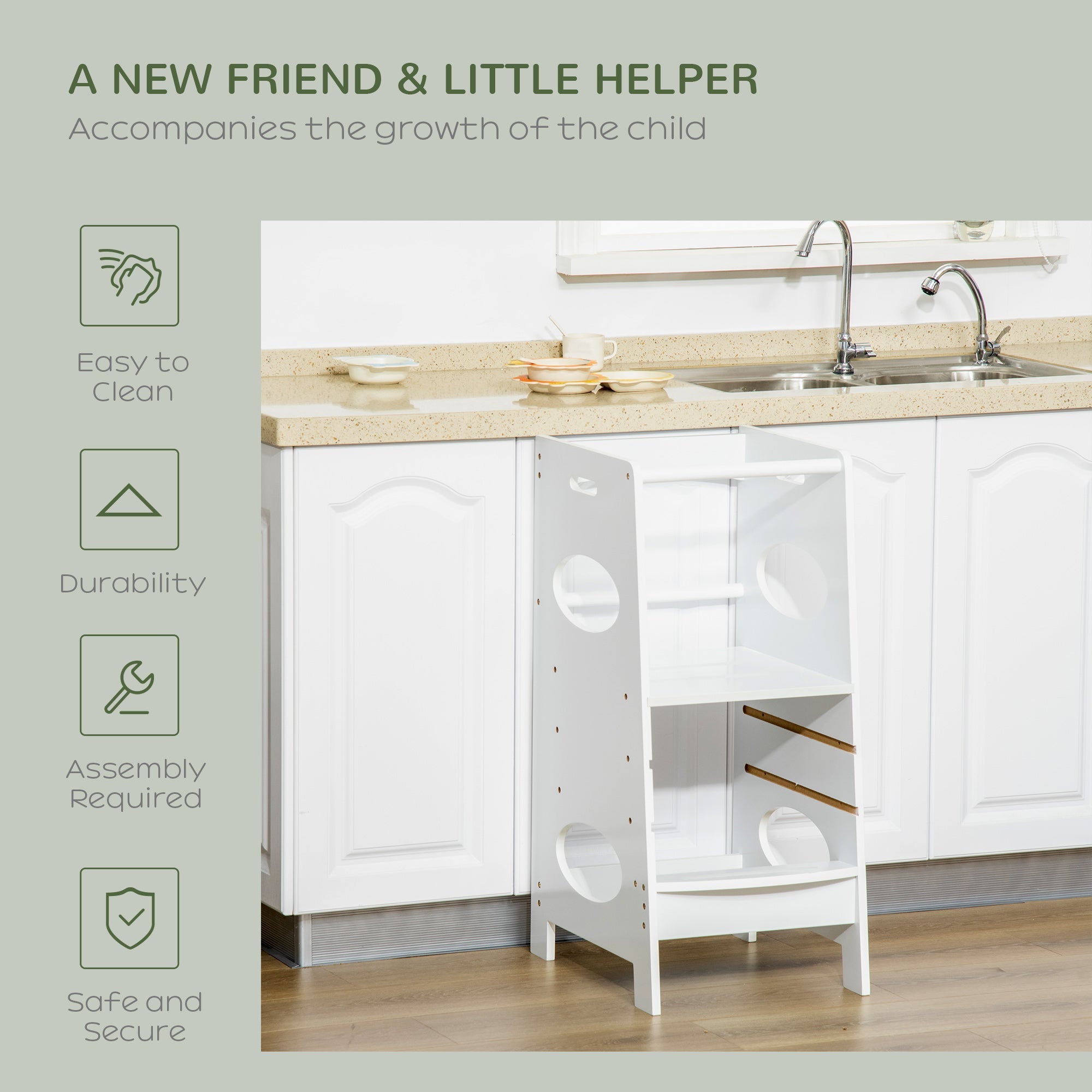 HOMCOM Kids' Adjustable Kitchen Helper Stool in White - Safe Toddler Counter Step Solution 