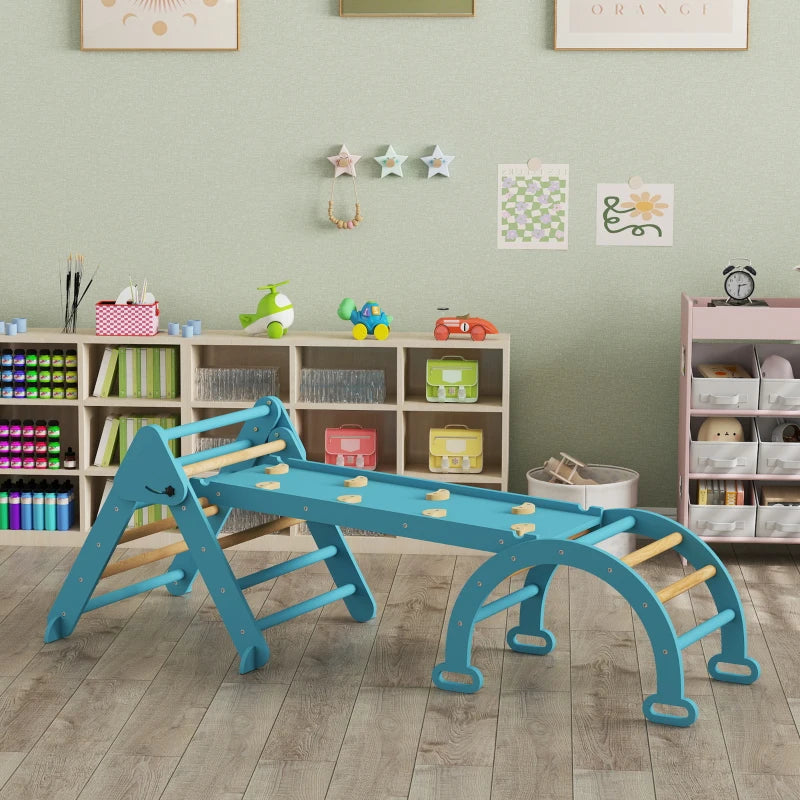 Qaba 7-in-1 Pikler Triangle Set, Foldable Wooden Climbing Toys with Arch, Ramp and Ladder for Toddlers 1-4 Years, Blue
