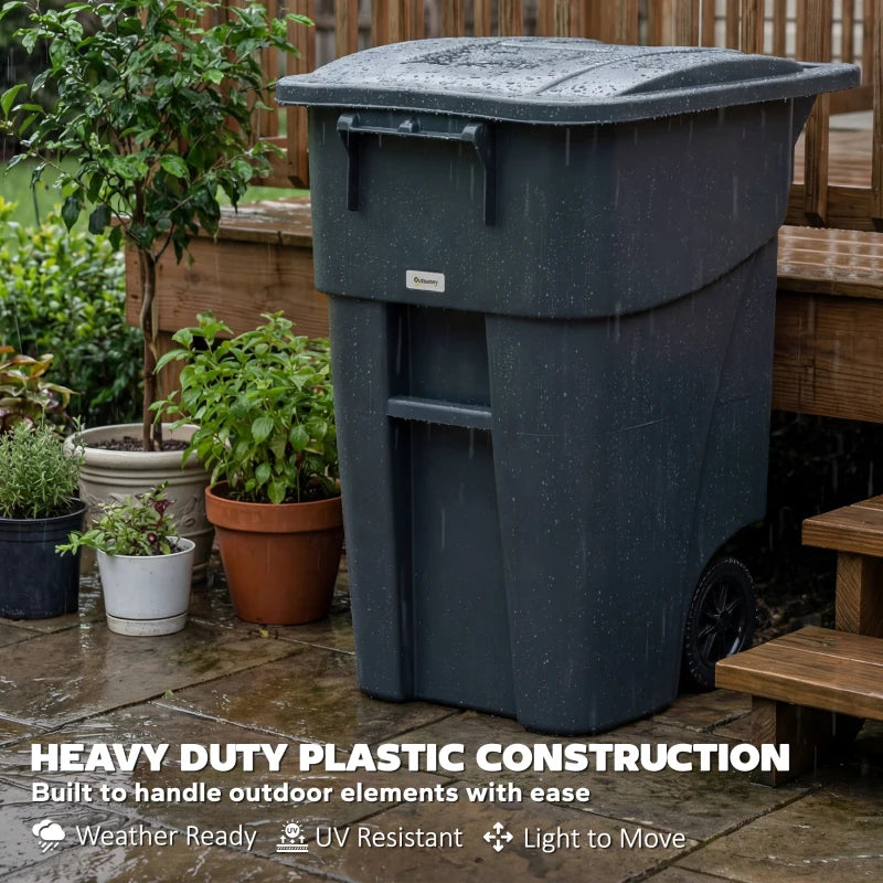 Outdoor Garbage Bin with Lid and Wheels, 53 Gallon Large Trash Can Garbage Can with Handle for Patio, Yard, Dark Grey