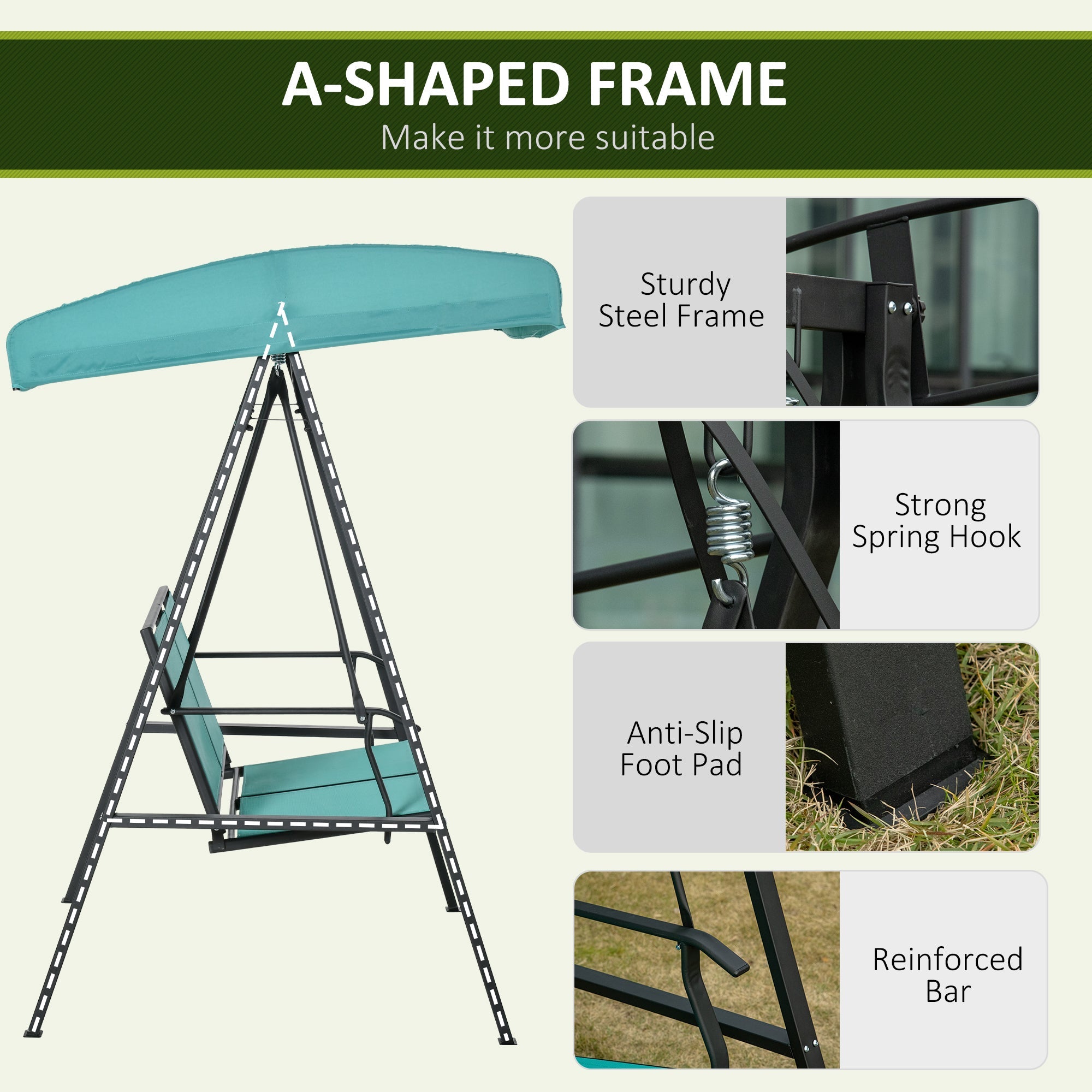 Outsunny Outdoor 2-Person Patio Swing Chair Canopy with Adjustable Shade Mesh Seats Steel Frame Blue 