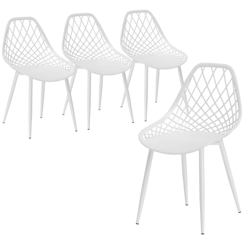 Modern Dining Chairs Set of 4, Plastic Kitchen Chairs with Hollow Backrest and Metal Legs for Living Dining Room, White